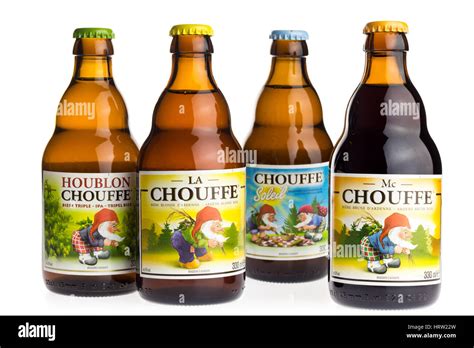 Bottles Of Belgian Chouffe Houblon Soleil Mc Chouffe And Blonde Beer Isolated On A White