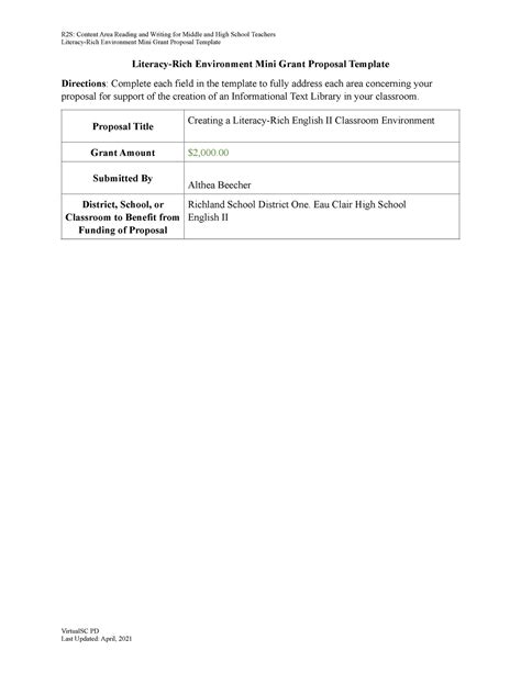 Literacy Rich Mini Grant Proposal Template 1 Copy Literacy Rich