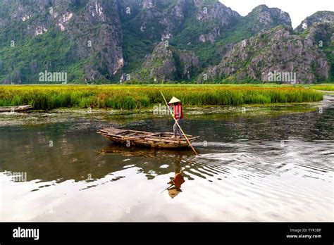 Woman Rowing Wooden Boats Sampans In Trang An A River Delta Area