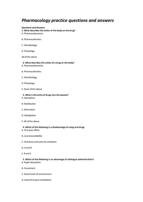 Pharmacology Practice Questions And Answers Pharmacology Practice