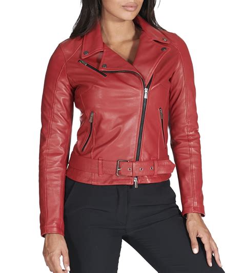 Women Red Leather Motorcycle Style Jacket