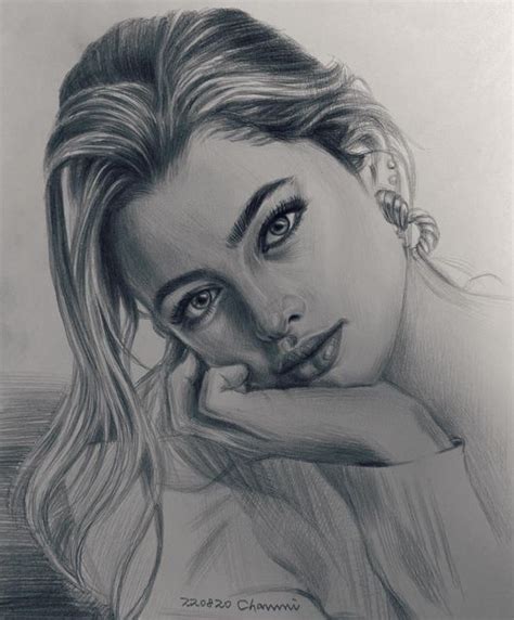 A Pencil Drawing Of A Woman With Her Hand On Her Chin