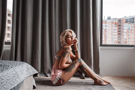 Wallpaper Women Blonde Tanned Sitting Tattoo Window On The