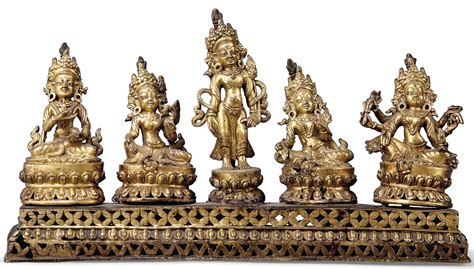 Global Nepali Museum - A GILT-BRONZE GROUP OF FIVE BUDDHIST DEITIES | Global Nepali Museum