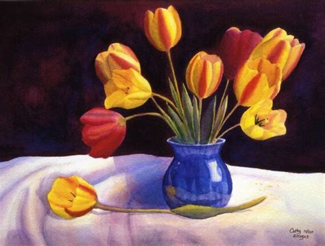 Yellow Tulips Art Watercolor Painting Print by Cathy Hillegas. | Etsy