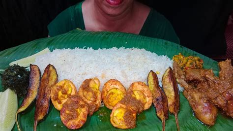 Eating Rice With Spicy Chicken Kosha Egg Masala Curry Begun Vaja Ucche