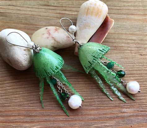 Green Jellyfish Medusa Earrings With Pearl Summer Tropical Etsy