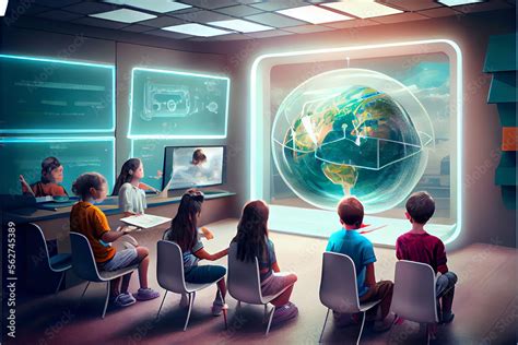 Futuristic School Classroom With Augmented Reality Projected In A