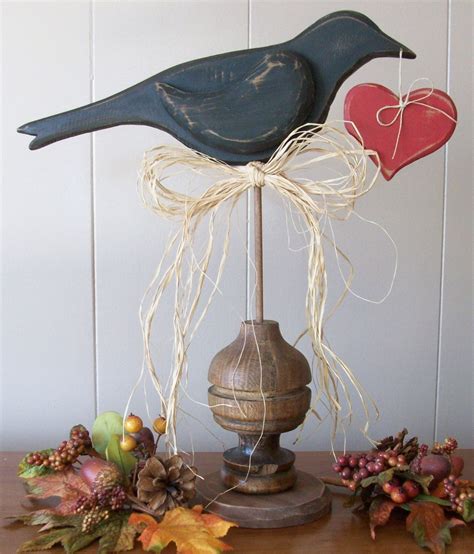 Primitive Wooden Crow With Heart Folkart