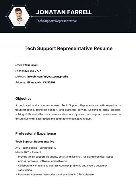 Free Tech Support Representative Resume Template to Edit Online