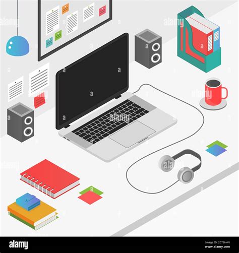 Flat D Isometric Workspace Concept With Laptop Vector Illustration