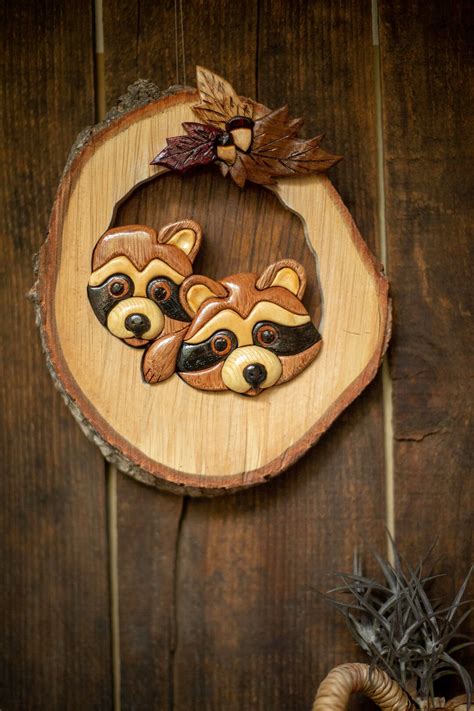 Wooden Wall Art Amazing Gift Intarsia Wood Raccoons In Tree Wall Art