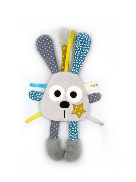 Doudou attache tétine lapin gris bleu jaune Recem nascido