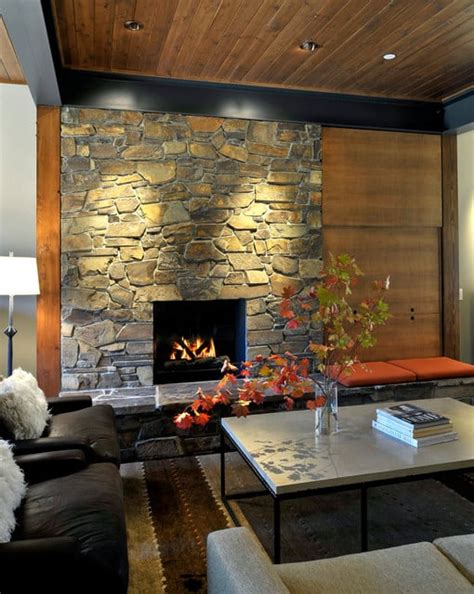 16 Divine Living Room Design Ideas with Exposed Stone Wall