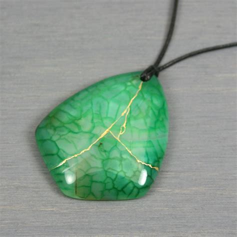 Kintsugi Repaired Green Dragon Veins Agate Shield Shaped Pendant On