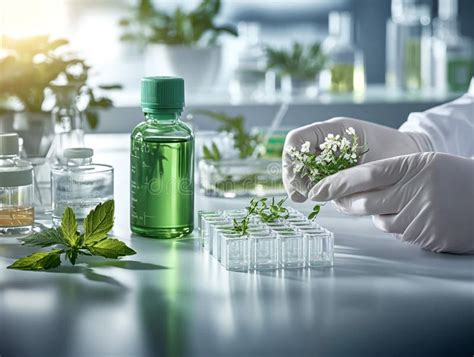 herbal research scientist examining plants extracts  lab stock photo