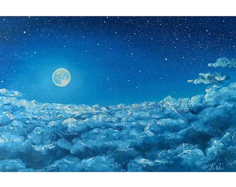 Moon Painting Night Sky Oil Painting Starry Night Original Art Clouds