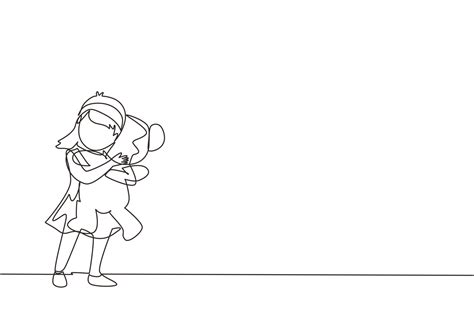 Single One Line Drawing Cute Little Girl Standing And Hugging Teddy