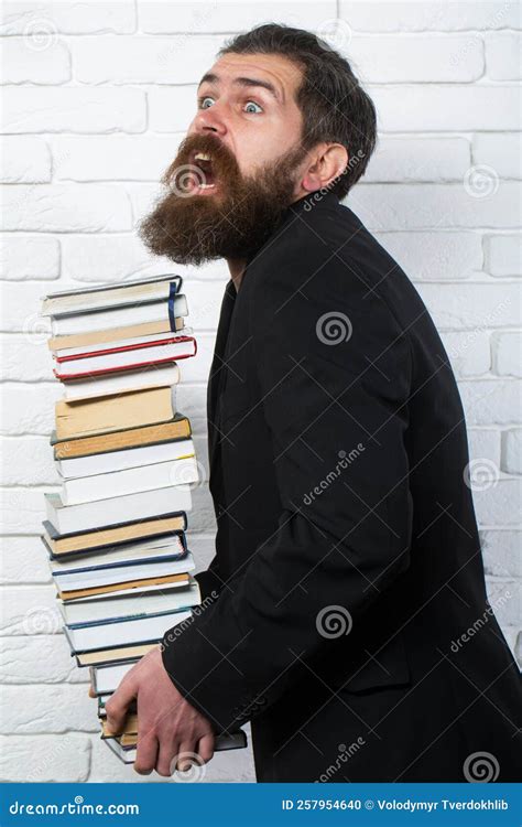 Funny Teacher Or Professor With Book Stack Thinking Serious Mature Teacher Falling Books