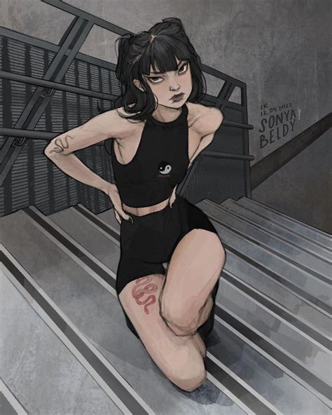 A Drawing Of A Woman Running Up Some Stairs With Her Hand On Her Hip