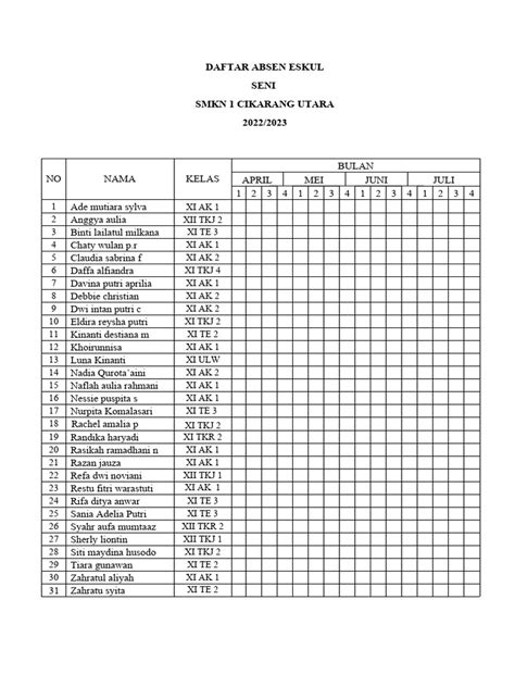 Daftar Absen Eskul Seni Pdf