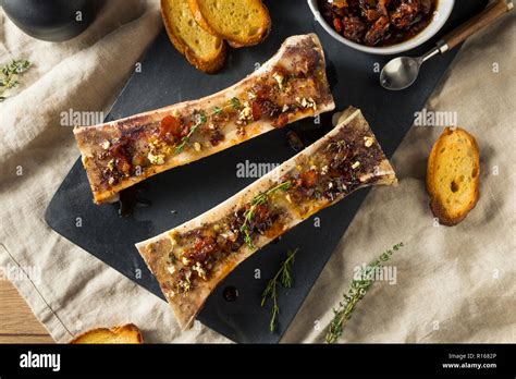 Homemade Roasted Beef Bone Marrow With Thyme And Lemon Stock Photo Alamy