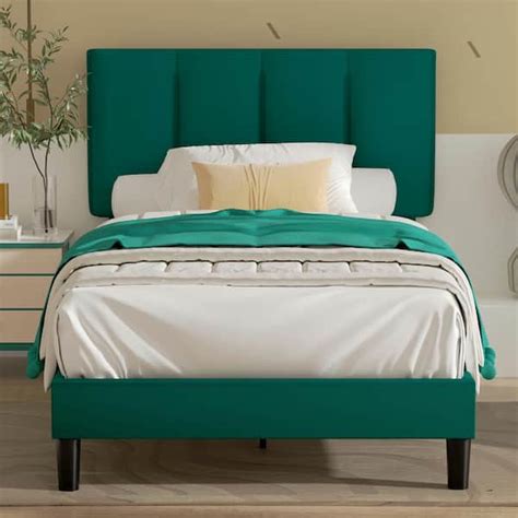 VECELO Upholstered Bedframe, Green Metal Frame Twin Platform Bed with Adjustable Headboard, Wood ...