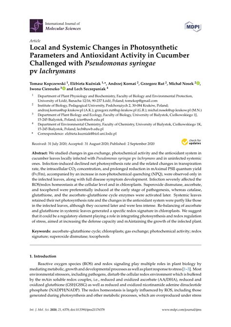 Pdf Local And Systemic Changes In Photosynthetic Parameters And