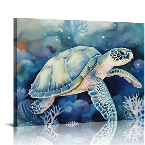 CANFLASHION Sea Turtle Wall Art For Bathroom Decor Teal Sea Turtle With