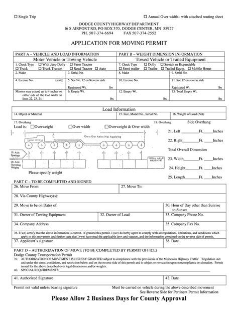 Fillable Online Co Dodge Mn APPLICATION FOR MOVING BPERMITb Dodge