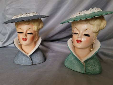 Rare Pair Vintage Lady Head Vases Napco Etsy