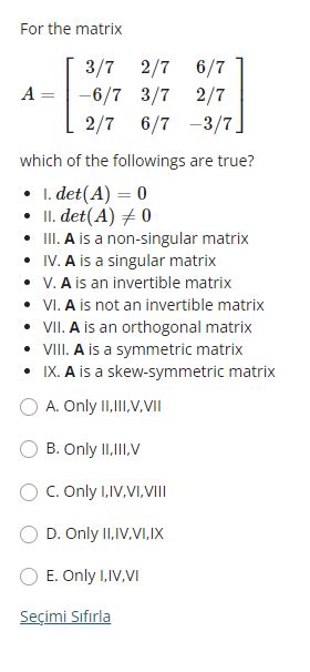 Solved For The Matrix A Chegg