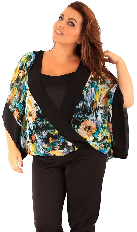 New Womens Plus Size Wrap Front Kimono Batwing Sleeve Chiffon Tops 16