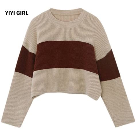 YIYI GIRL Knitted Sweater Long Sleeve For Women Stripe Korean Fashion ...
