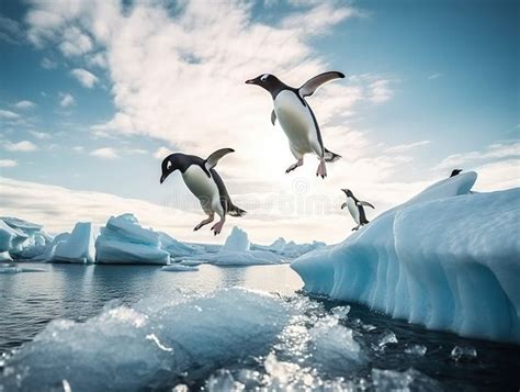 Ai Generated Illustration Wildlife Concept Of Adelie Penguins Jumping