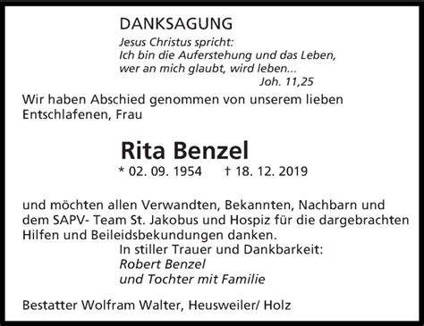 Traueranzeigen Von Rita Benzel Saarbruecker Zeitung Trauer De