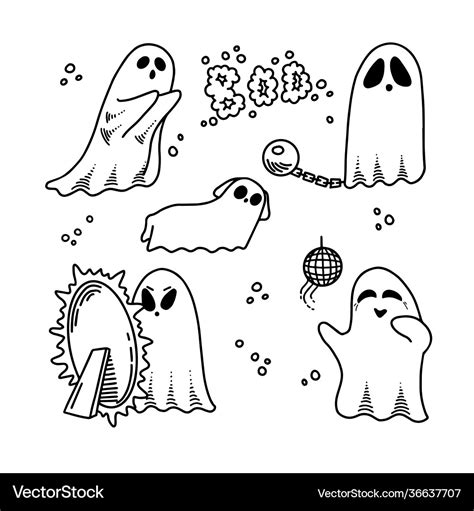 Set Cute Ghosts Black And White Royalty Free Vector Image