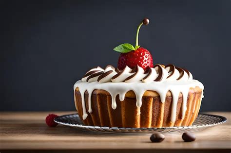 Premium Photo A Cake With White Icing And A Strawberry On Top