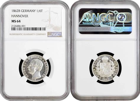 1 6 Thaler Hannover 1862 B NGC MS64 King George V 1851 1866