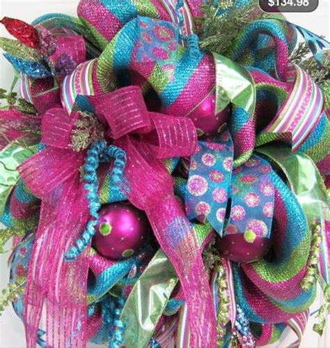 Christmas •~• blue, green, & pink ribbon wreath | Christmas mesh ...