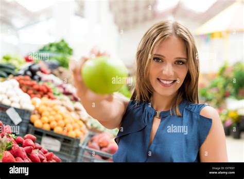 Blonde Woman Shopping Organic Veggies And Fruits Stock Photo Alamy