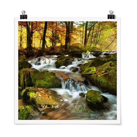 Wasserfall Herbstlicher Wald Poster Als Quadrat Bilderwelten