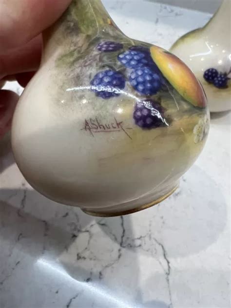 Royal Worcester Hand Painted Fruit Vase Signed A Shuck Pair