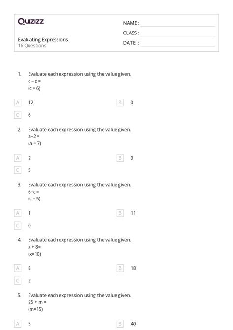 50 Evaluating Expressions Worksheets For 6th Grade On Quizizz