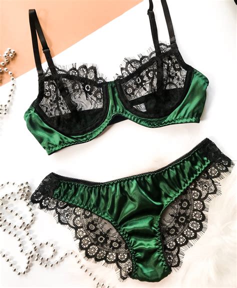 Green Silk Lingerie Set Emerald Lingerie Dark Green Lingerie Etsy