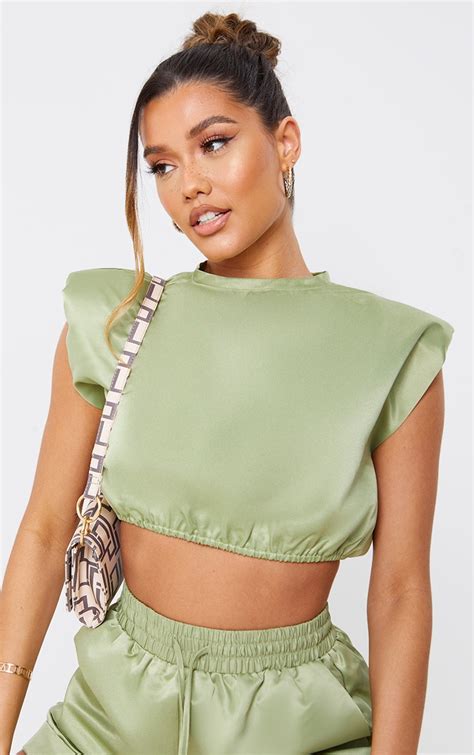 Olive Green Satin Shoulder Pad Crop Top Prettylittlething