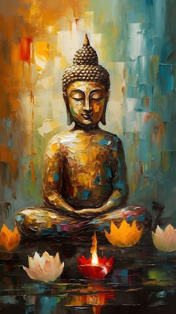 Premium AI Image Oil Painting Of Buddha Statue With Lotus Flower And