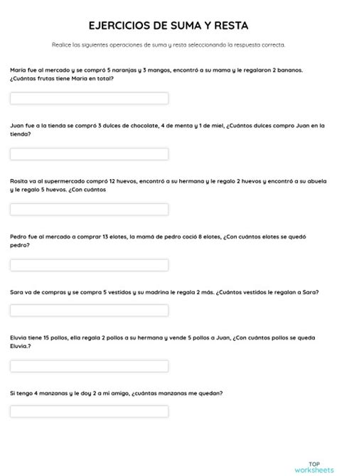 Ejercicios De Suma Y Resta Ficha Interactiva Topworksheets