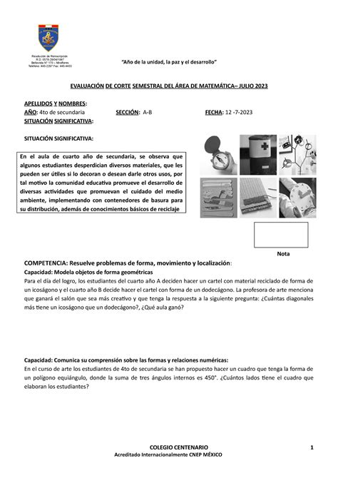 Evaluacion De Corte Semestral Del Area De Matemática 4to De