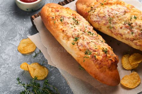 Baguette Boats Hot Baked Sandwich On Baguette Bread With Ham Bacon